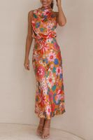 Women's Satin Dress Elegant Turtleneck Printing Sleeveless Flower Maxi Long Dress Banquet main image 4