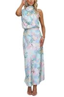 Women's Satin Dress Elegant Turtleneck Printing Sleeveless Flower Maxi Long Dress Banquet main image 3