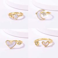 Casual Sweet Star Moon Heart Shape Shell Plating Inlay Shell Zircon 18k Gold Plated Women's Open Rings main image 1