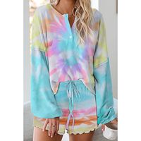 Home Women's Casual Tie Dye Polyester Printing Patchwork Contrast Binding Pajama Sets main image 4