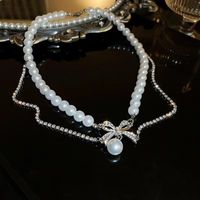 Fairy Style Bow Knot Artificial Diamond Artificial Pearl Alloy Wholesale Pendant Necklace main image 5