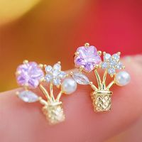 1 Pair Cute Simple Style Flower Plating Inlay Copper Zircon 14k Gold Plated Ear Studs main image 2