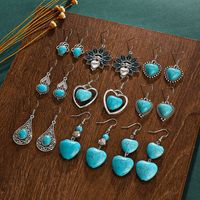 1 Pair Vintage Style Heart Shape Inlay Alloy Turquoise Silver Plated Drop Earrings main image 5
