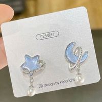 1 Pair Casual Simple Style Star Moon Bow Knot Asymmetrical Plating Inlay Alloy Rhinestones Pearl Ear Studs sku image 17