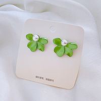 1 Pair Fairy Style Sweet Leaf Flower Spray Paint Inlay Imitation Pearl Alloy Opal Zircon Earrings sku image 1