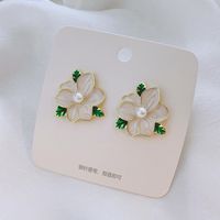 1 Pair Fairy Style Sweet Leaf Flower Spray Paint Inlay Imitation Pearl Alloy Opal Zircon Earrings main image 4