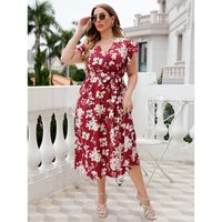 Swing Dress Casual V Neck Belt Short Sleeve Flower Midi Dress Daily Street main image 3