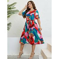 Swing Dress Casual Round Neck Printing Short Sleeve Printing Midi Dress Street main image 5