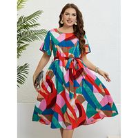 Swing Dress Casual Round Neck Printing Short Sleeve Printing Midi Dress Street sku image 1