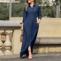 Frau Denim-kleid Lässig Hemdkragen Tasche Lange Ärmel Einfarbig Maxi Langes Kleid Täglich main image 6