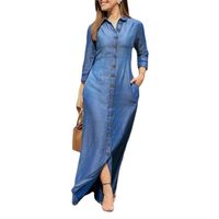 Femmes Robe En Jean Décontractée Col De Chemise Poche Manche Longue Couleur Unie Maxi Longue Robe Du Quotidien main image 5