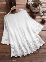 Women's Eyelet Top 3/4 Length Sleeve Blouses Washed Casual Vintage Style Solid Color main image 3