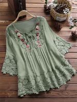 Women's Eyelet Top 3/4 Length Sleeve Blouses Washed Casual Vintage Style Solid Color main image 5
