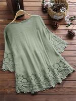 Women's Eyelet Top 3/4 Length Sleeve Blouses Washed Casual Vintage Style Solid Color main image 4