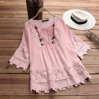 Women's Eyelet Top 3/4 Length Sleeve Blouses Washed Casual Vintage Style Solid Color main image 6