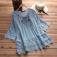 Women's Eyelet Top 3/4 Length Sleeve Blouses Washed Casual Vintage Style Solid Color main image 7