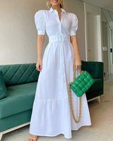 Women's Swing Dress Elegant Turndown Short Sleeve Stripe Solid Color Maxi Long Dress Daily main image 4