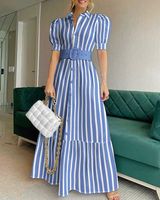 Women's Shirt Dress Casual Turndown Short Sleeve Stripe Solid Color Maxi Long Dress Daily main image 5
