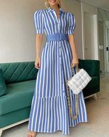 Women's Shirt Dress Casual Turndown Short Sleeve Stripe Solid Color Maxi Long Dress Daily main image 3