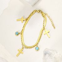 Cool Style Shiny Cross Round 304 Stainless Steel Turquoise Bracelets In Bulk main image 3
