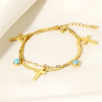 Cool Style Shiny Cross Round 304 Stainless Steel Turquoise Bracelets In Bulk main image 6