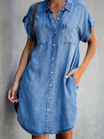 Frau Denim-kleid Lässig Ablehnen Kurzarm Einfarbig Knielang Straße main image 1