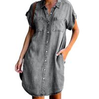 Women's Denim Dress Casual Turndown Short Sleeve Solid Color Knee-length Street sku image 6