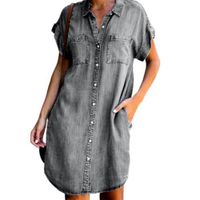 Women's Denim Dress Casual Turndown Short Sleeve Solid Color Knee-length Street sku image 9