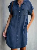 Women's Denim Dress Casual Turndown Short Sleeve Solid Color Knee-length Street sku image 16