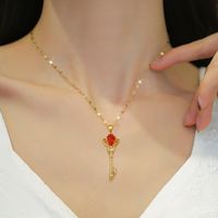 Stainless Steel Copper Queen Inlay Crown Key Zircon Pendant Necklace main image 3