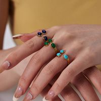 304 Stainless Steel 18K Gold Plated Retro Irregular Plating Inlay Water Droplets Turquoise Open Rings main image 1