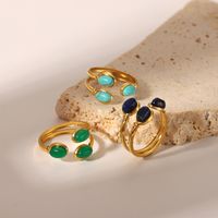 304 Stainless Steel 18K Gold Plated Retro Irregular Plating Inlay Water Droplets Turquoise Open Rings main image 4