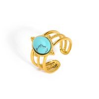 304 Stainless Steel 18K Gold Plated Retro Plating Inlay Water Droplets Turquoise Open Rings main image 5