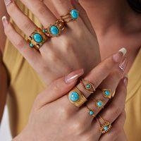 304 Stainless Steel 18K Gold Plated Retro Plating Inlay Water Droplets Turquoise Open Rings main image 1