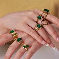 304 Stainless Steel 18K Gold Plated Retro Plating Inlay Heart Shape Solid Color Natural Stone Open Rings main image 6