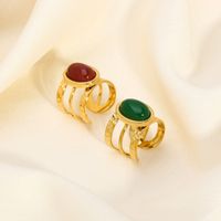 304 Stainless Steel 18K Gold Plated Retro Plating Inlay Heart Shape Solid Color Natural Stone Open Rings main image 2