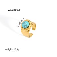 304 Stainless Steel 18K Gold Plated Retro Plating Inlay Water Droplets Turquoise Open Rings sku image 6