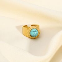 304 Stainless Steel 18K Gold Plated Retro Plating Inlay Water Droplets Turquoise Open Rings main image 2