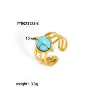 304 Stainless Steel 18K Gold Plated Retro Plating Inlay Water Droplets Turquoise Open Rings sku image 8