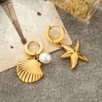 1 Pair Vacation Starfish Shell Plating Inlay Stainless Steel Imitation Pearl Zircon Gold Plated Drop Earrings main image 3