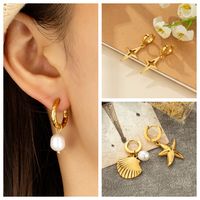 1 Pair Vacation Starfish Shell Plating Inlay Stainless Steel Imitation Pearl Zircon Gold Plated Drop Earrings main image 1