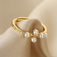 Simple Style Geometric Copper 18k Gold Plated Artificial Pearls Zircon Open Ring In Bulk main image 3