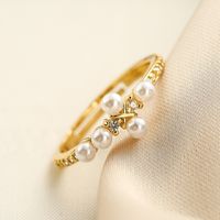 Simple Style Geometric Copper 18k Gold Plated Artificial Pearls Zircon Open Ring In Bulk sku image 2