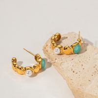 1 Pair Retro C Shape Plating Inlay Stainless Steel Artificial Pearls Natural Stone 18k Gold Plated Ear Studs main image 4