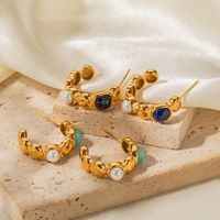 1 Pair Retro C Shape Plating Inlay Stainless Steel Artificial Pearls Natural Stone 18k Gold Plated Ear Studs main image 1