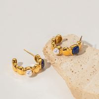 1 Pair Retro C Shape Plating Inlay Stainless Steel Artificial Pearls Natural Stone 18k Gold Plated Ear Studs main image 3