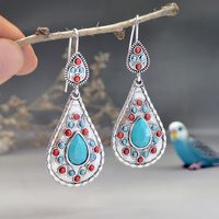 1 Pair Vintage Style Ethnic Style Water Droplets Inlay Metal Turquoise Silver Plated Drop Earrings main image 4