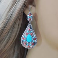 1 Pair Vintage Style Ethnic Style Water Droplets Inlay Metal Turquoise Silver Plated Drop Earrings main image 6