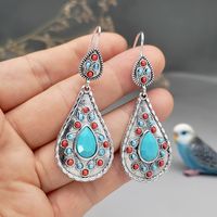 1 Pair Vintage Style Ethnic Style Water Droplets Inlay Metal Turquoise Silver Plated Drop Earrings main image 5