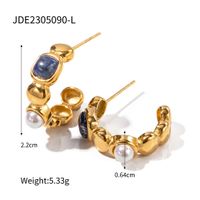 1 Pair Retro C Shape Plating Inlay Stainless Steel Artificial Pearls Natural Stone 18k Gold Plated Ear Studs sku image 2